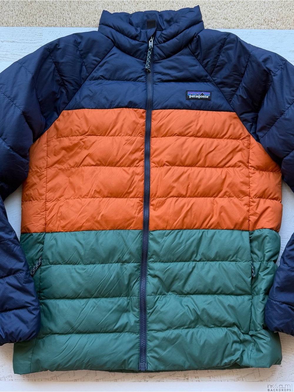 Patagonia Kids Colorblock Puffer Jacket - Navy, Orange & Green